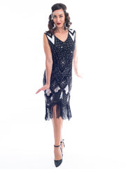 A black and silver sleeveless 1920's Flapper Dress with sequins and beads