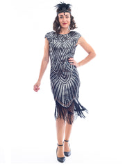 1920s Black & Silver Sequin Mable Flapper Dress