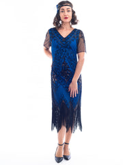 1920s Blue & Black Beaded Evelyn Flapper Dress