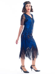 1920s Blue & Black Beaded Evelyn Flapper Dress