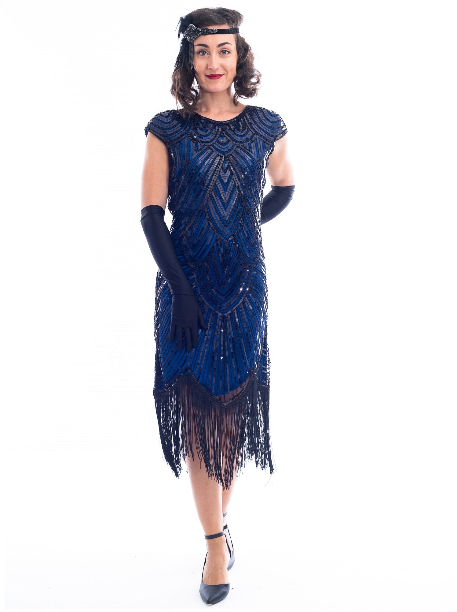 1920s Blue & Black Beaded Mable Flapper Dress