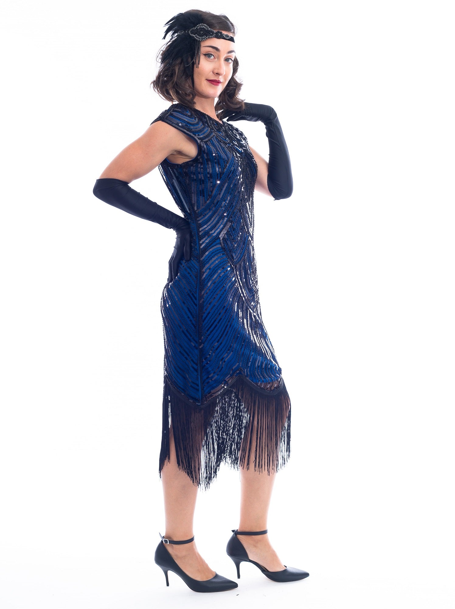 1920s Blue & Black Beaded Mable Flapper Dress