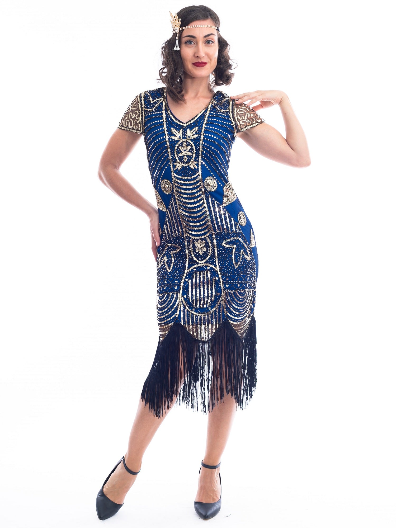 A 1920s Blue Gatsby Dress with gold sequins, gold beads and fringes around hem