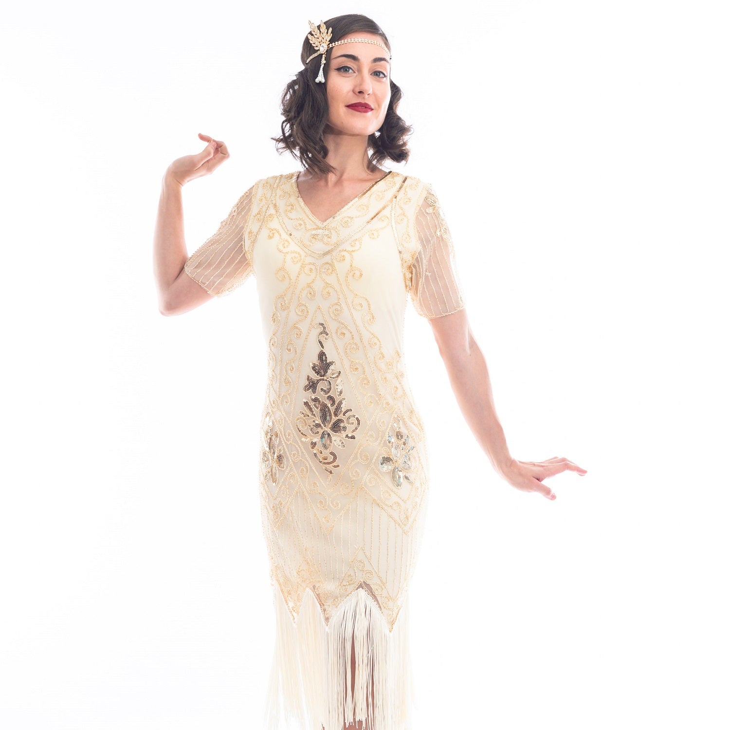 1920s Cream & Gold Beaded Evelyn Flapper Dress