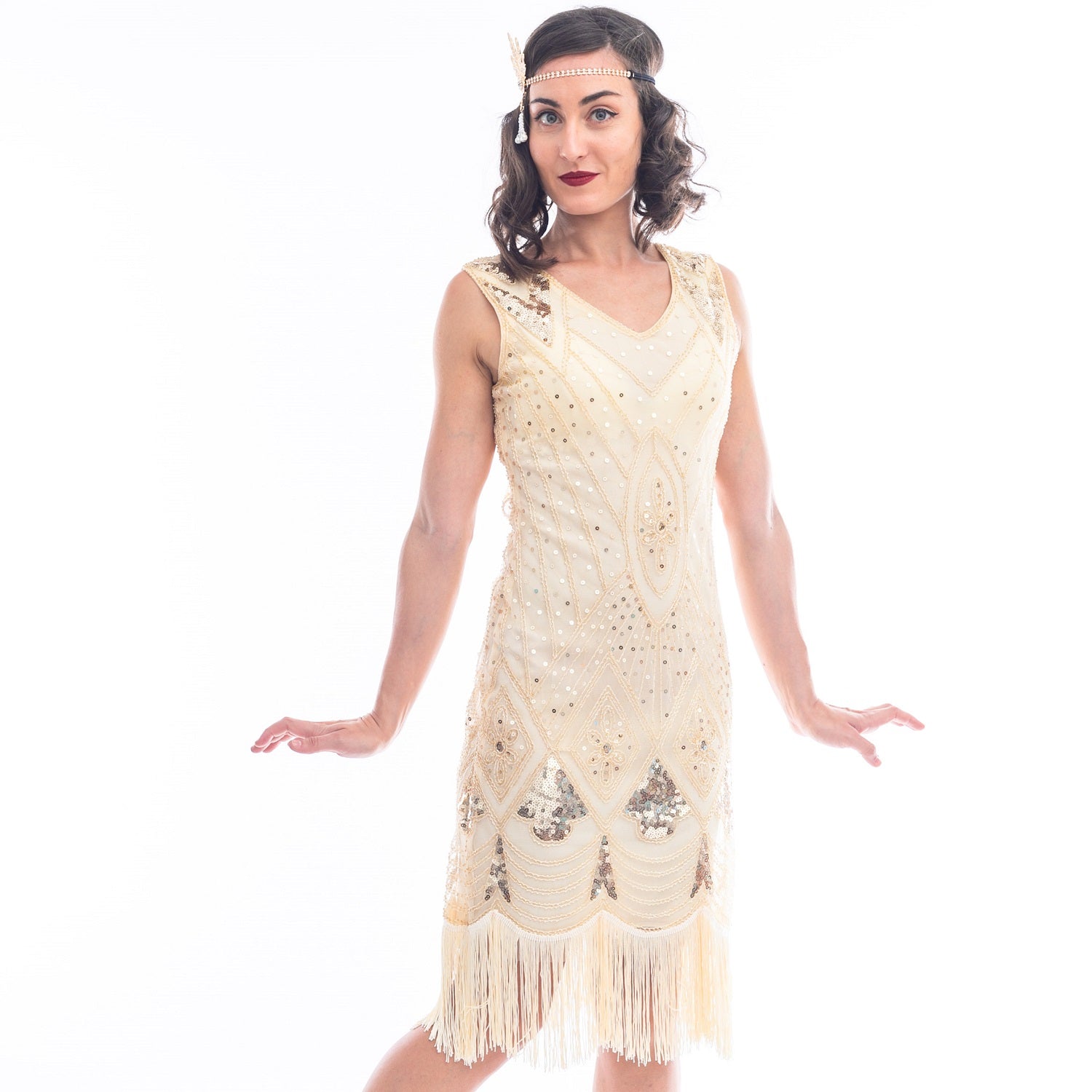 1920s Cream & Gold Beaded Lola Gatsby Dress