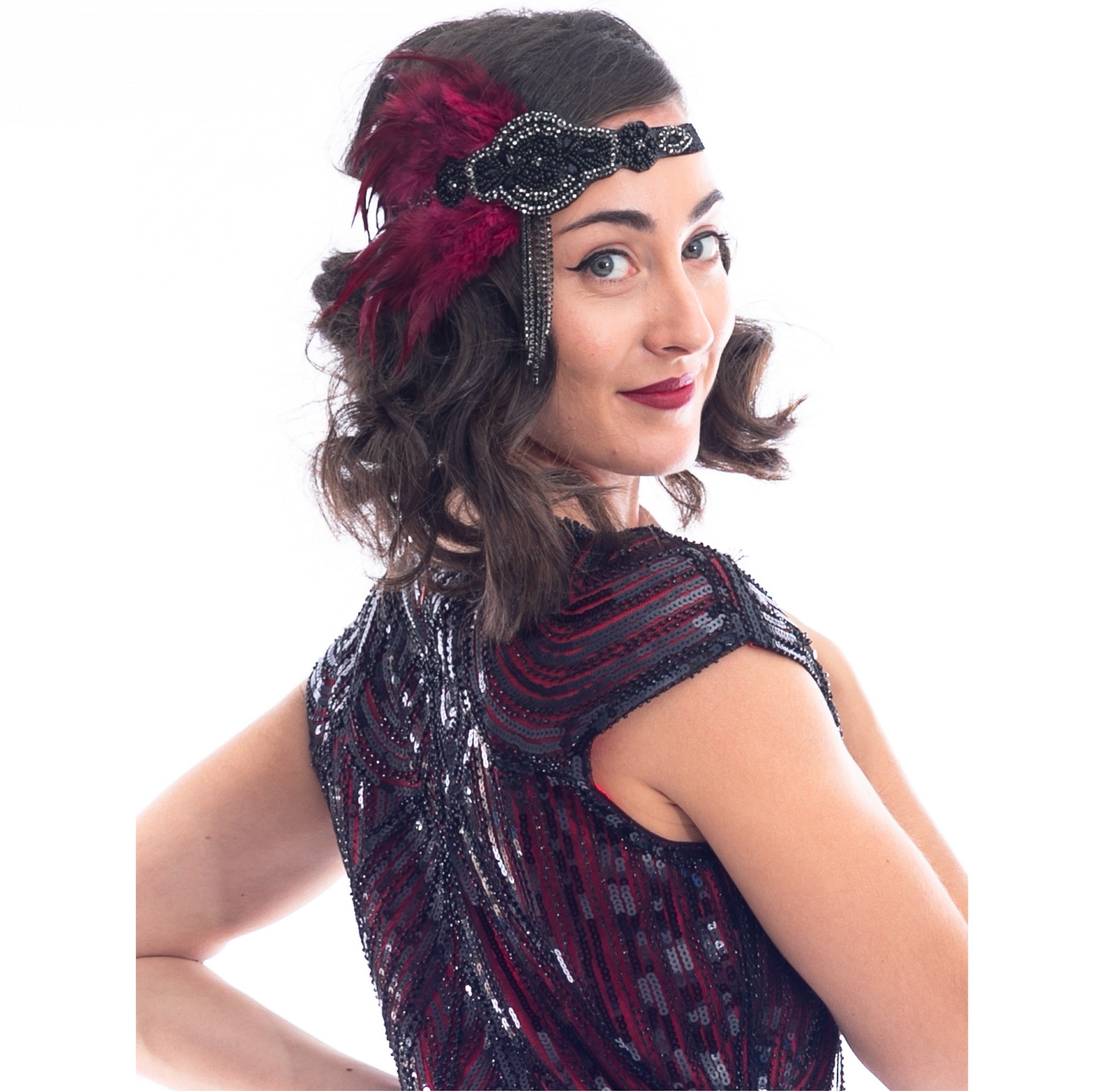 1920s Deco & Red Feather Flapper Headpiece