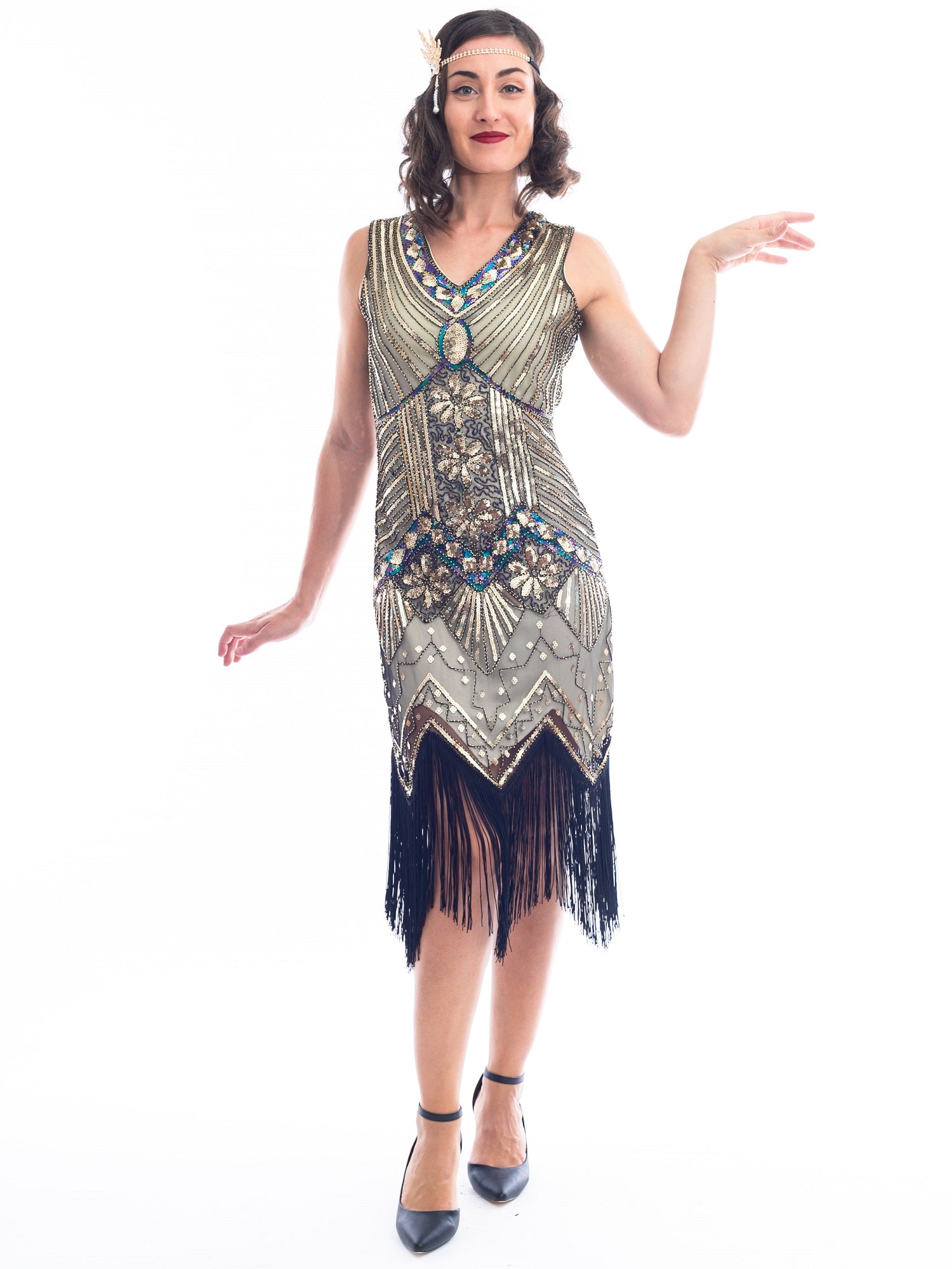 1920s Plus Size Gold Beaded Ella Flapper Dress