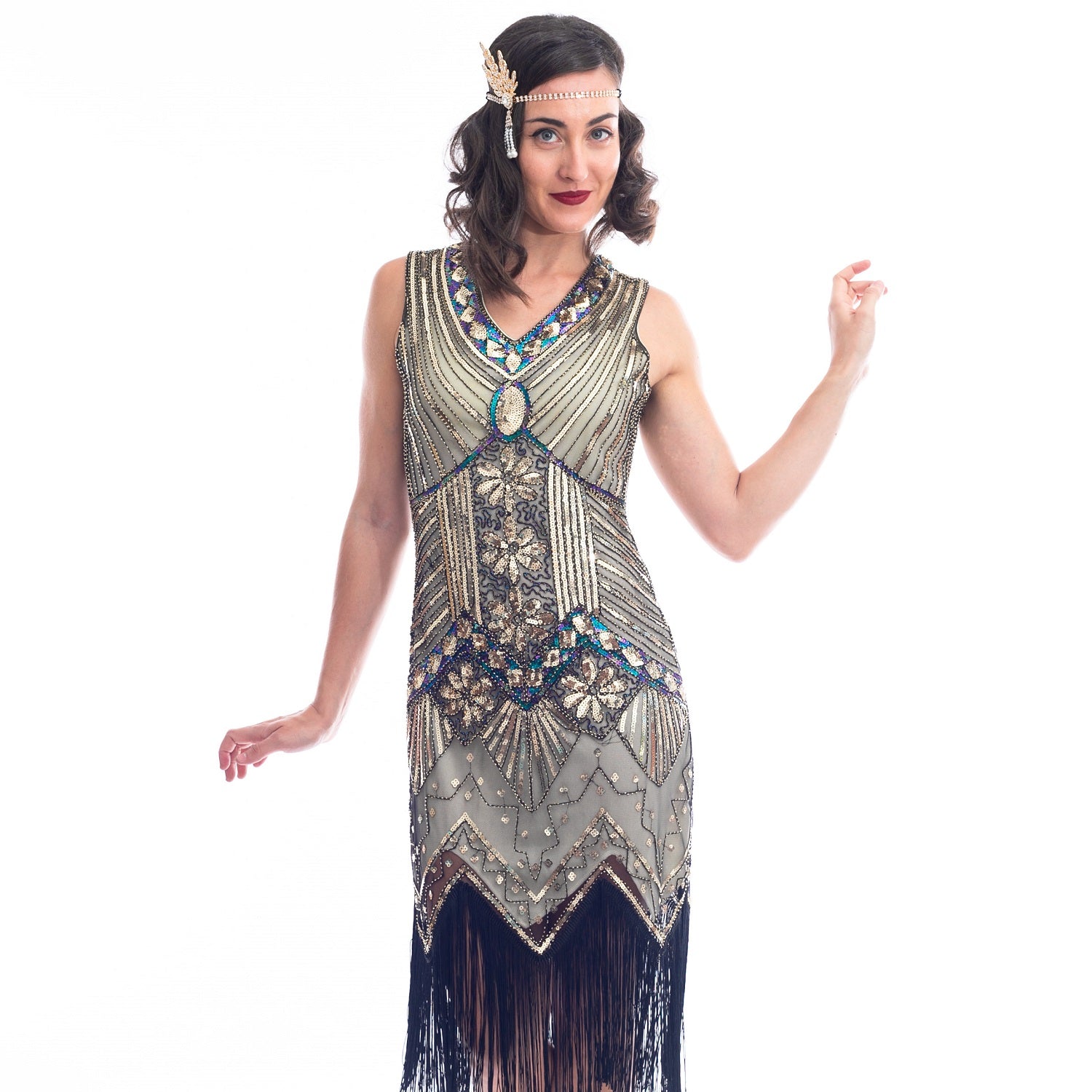 1920s Plus Size Gold Beaded Ella Flapper Dress