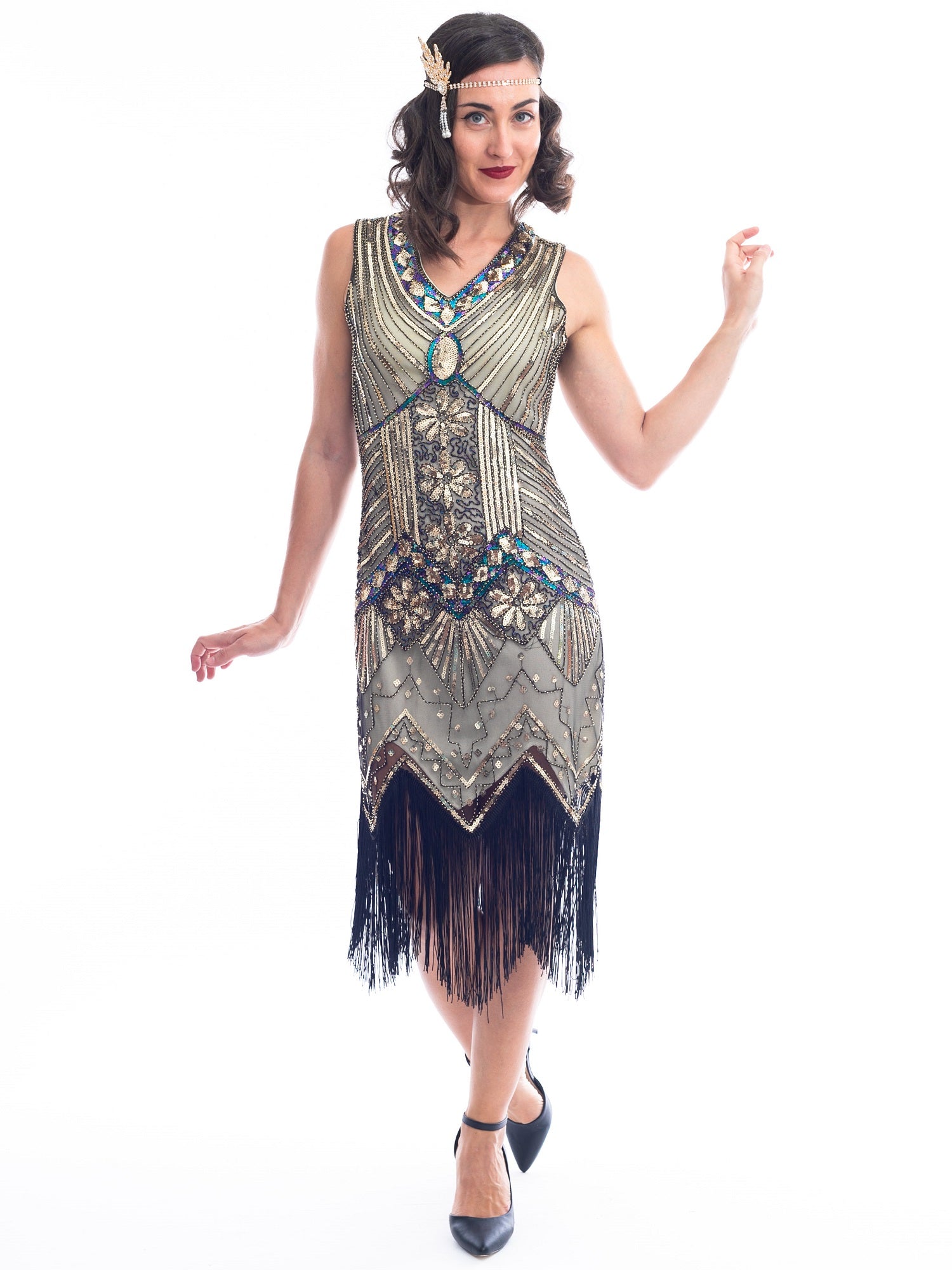1920s Plus Size Gold Beaded Ella Flapper Dress