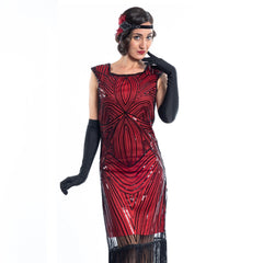 A Vintage Red Flapper Dress with black sequins and beads
