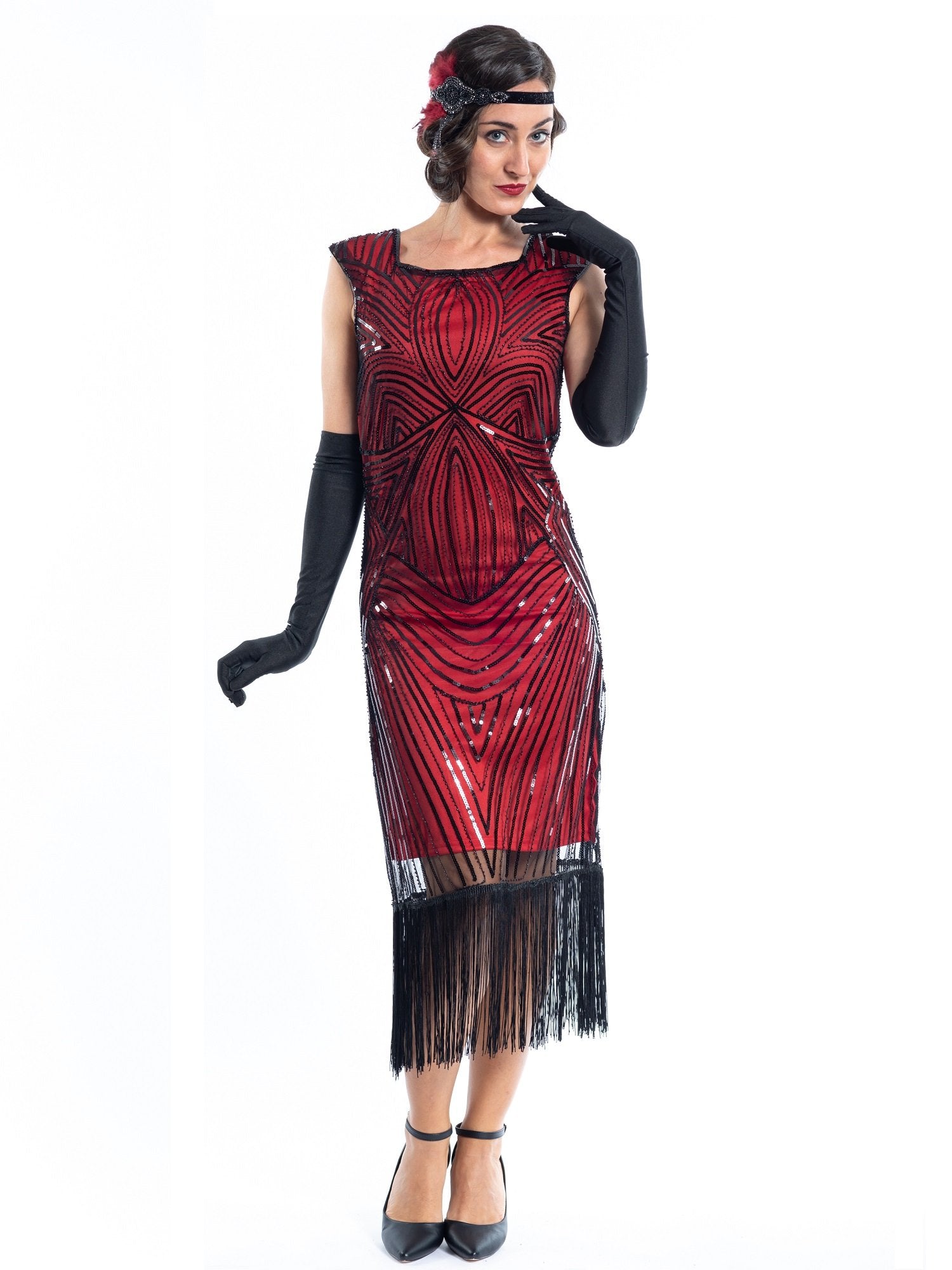 A Vintage Red Flapper Dress with black sequins and beads