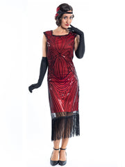A Vintage Red Flapper Dress with black sequins and beads