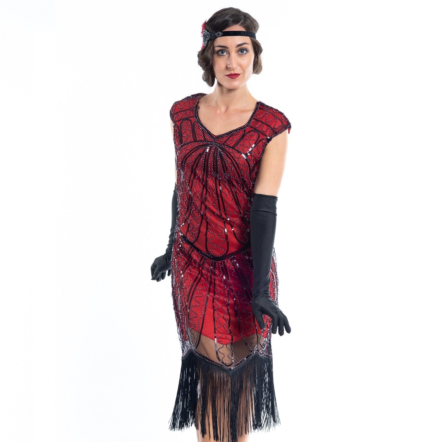 A red flapper dress with black sequins and beads