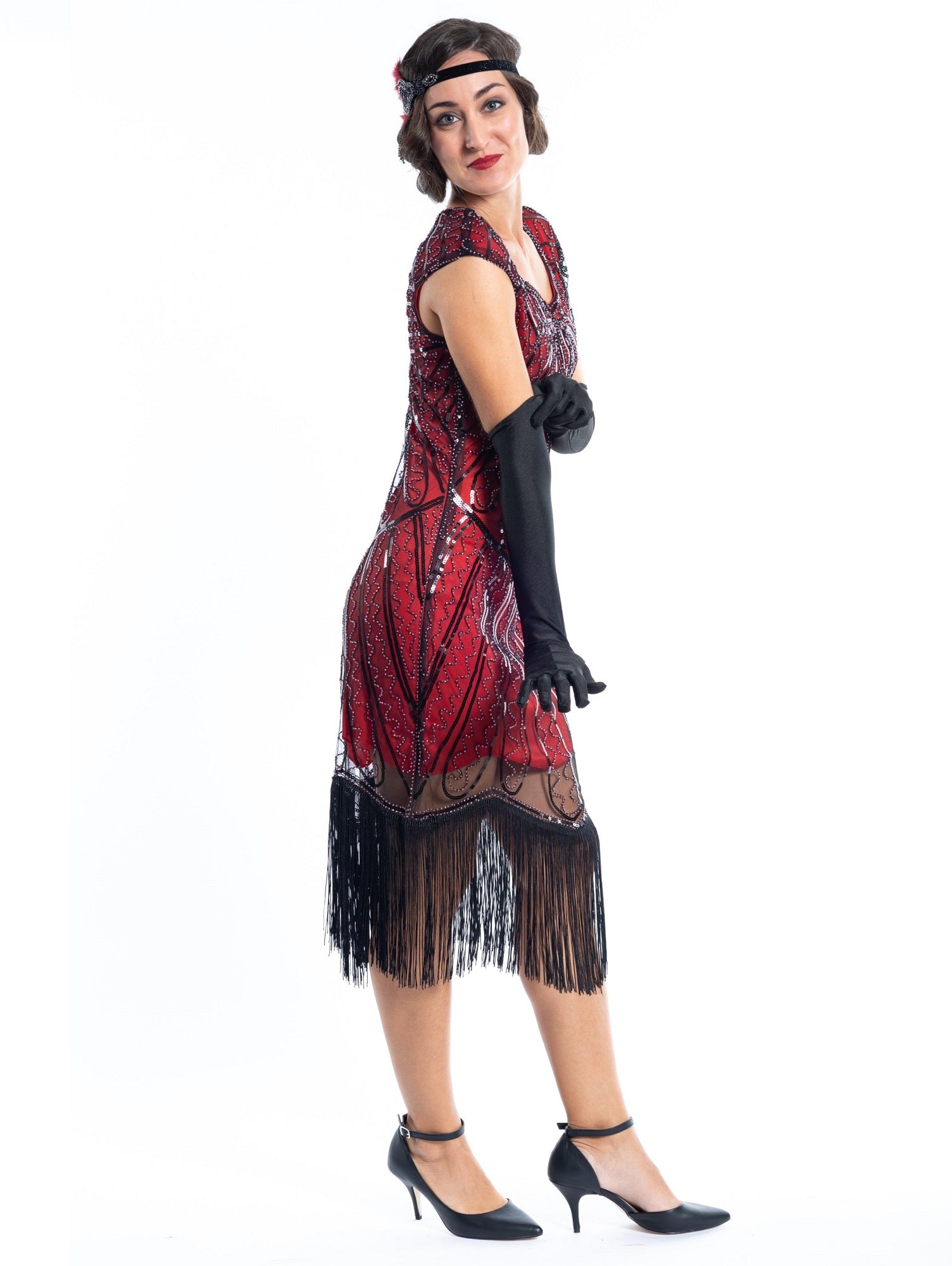 A red flapper dress with black sequins and beads