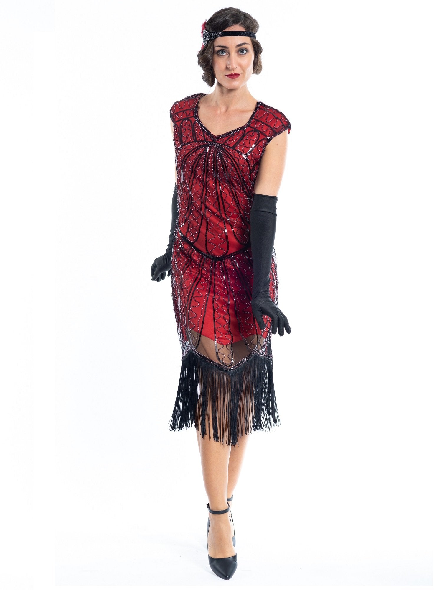 A red flapper dress with black sequins and beads
