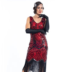 A 1920s vintage red gatsby dress with black sequins and beads