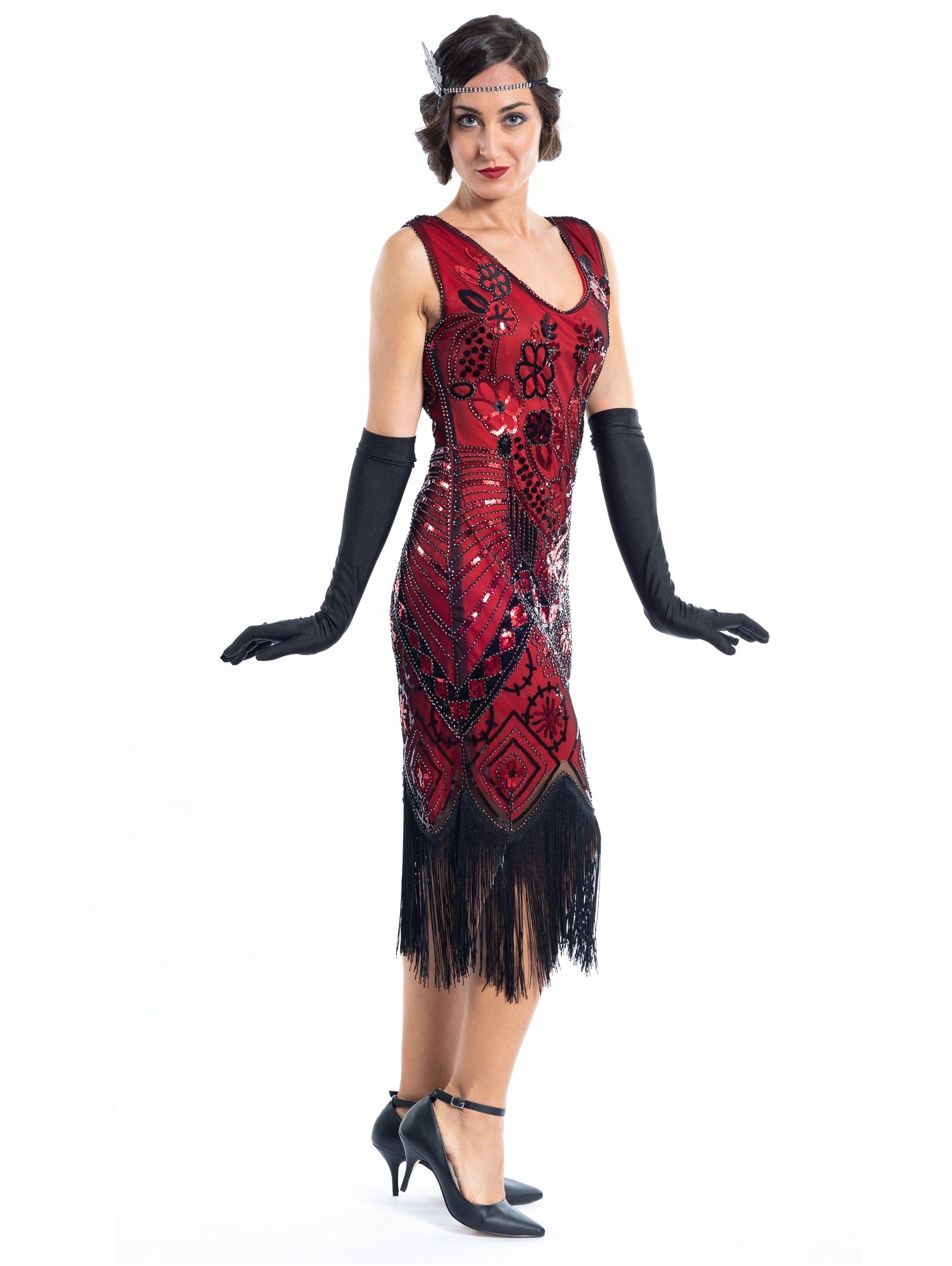 A 1920s vintage red gatsby dress with black sequins and beads