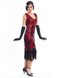 A 1920s vintage red gatsby dress with black sequins and beads