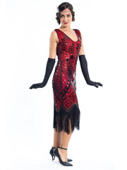A 1920s vintage red gatsby dress with black sequins and beads