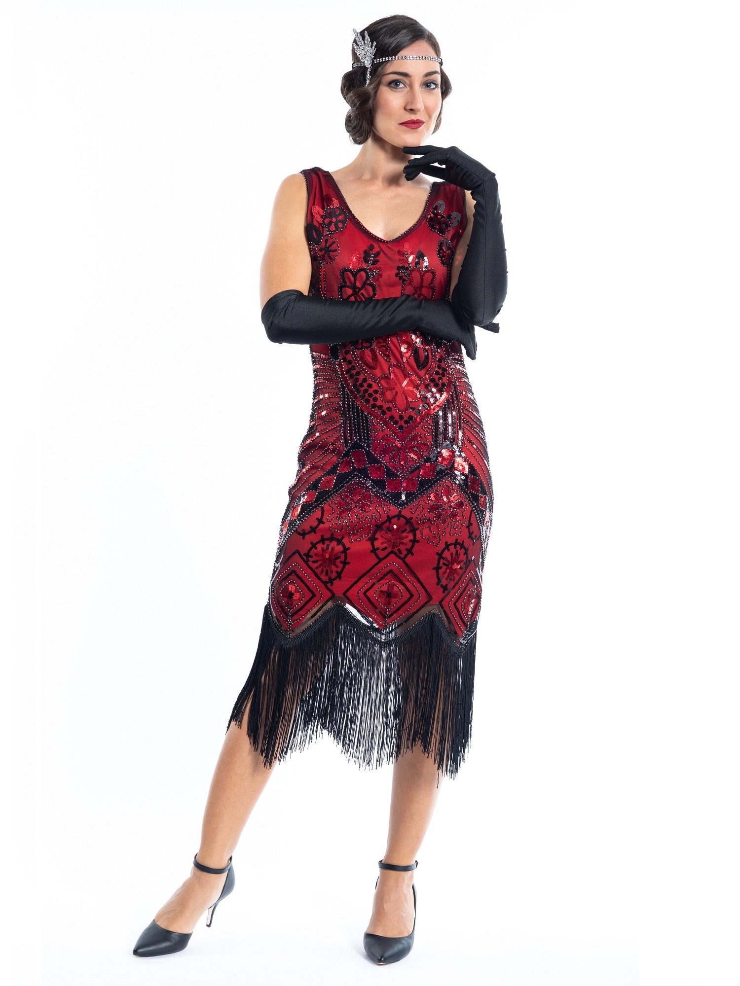 A 1920s vintage red gatsby dress with black sequins and beads