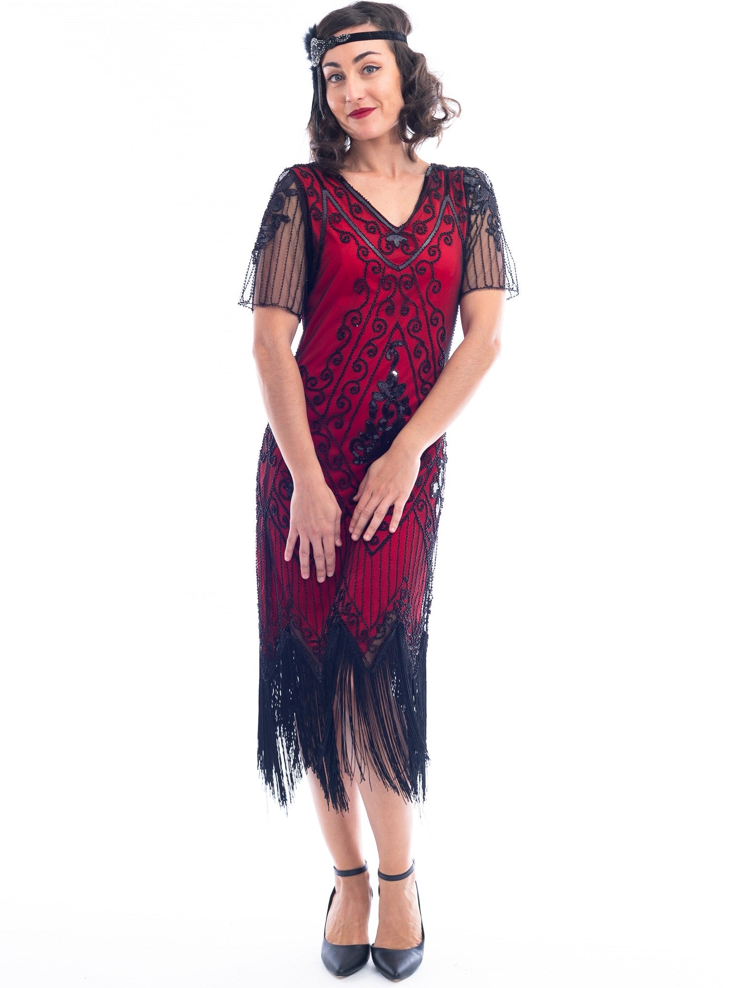 A burgundy red 1920s Flapper Dress with black beads, sequins, sheer sleeves and black fringes