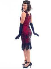 A back view of a Red Gatsby Dress with deco pattern of black sequins and beads.