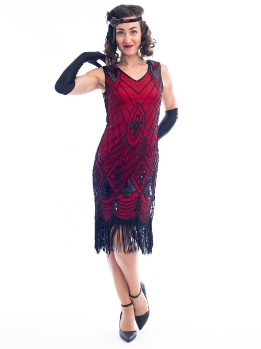 A Red Gatsby Dress with deco pattern of black sequins and beads.