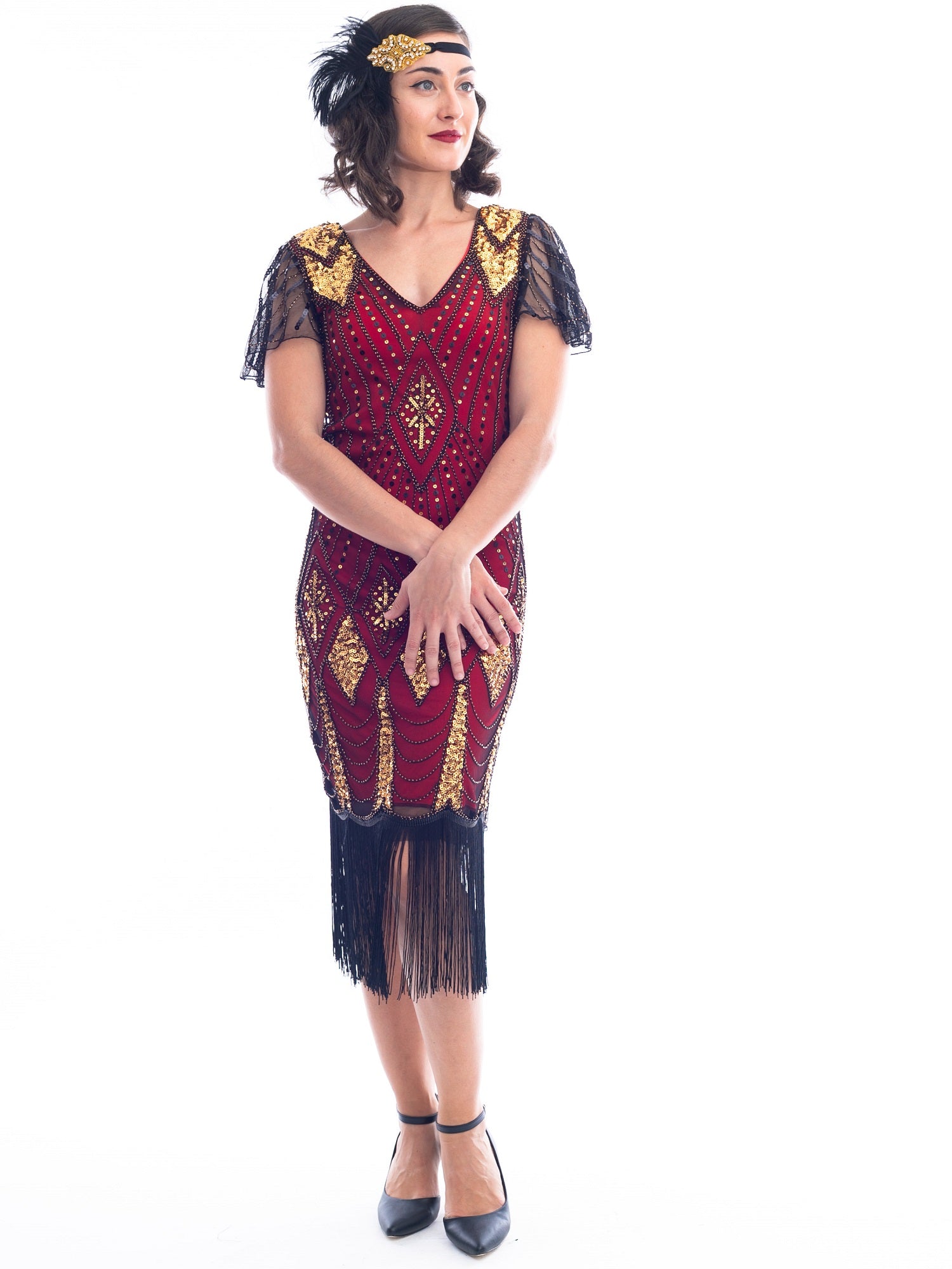 A vintage red 1920s Flapper Dress with gold beads & black sequins