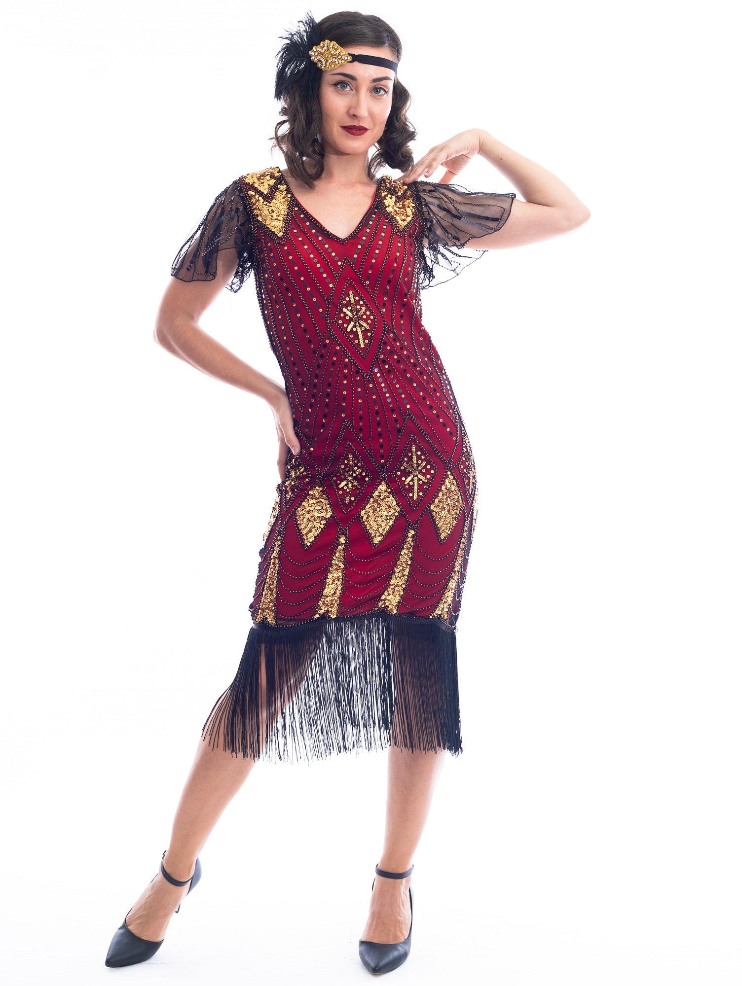 A vintage red 1920s Flapper Dress with gold beads & black sequins