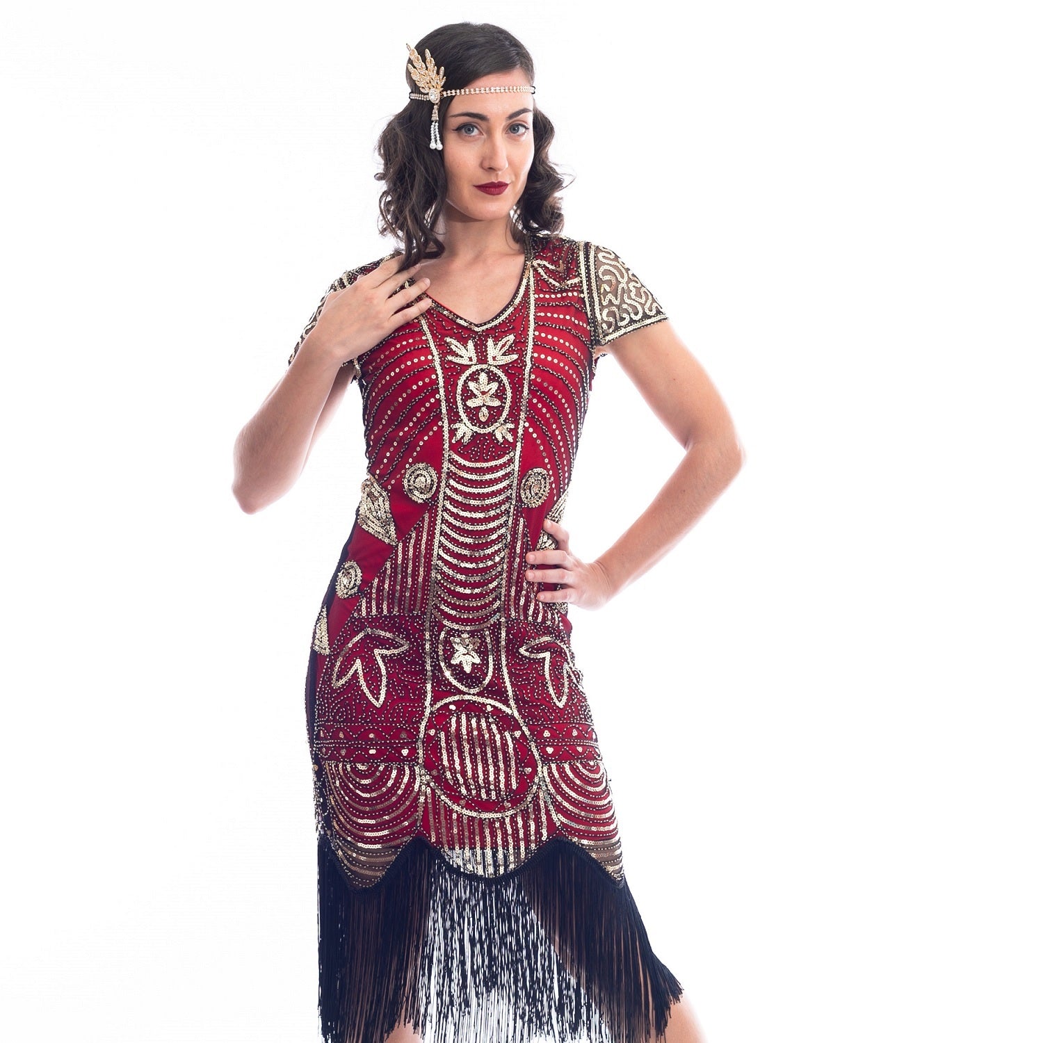 A close view of a Red 1920s Gatsby Dress with gold beads, gold sequins and black fringes around hem