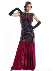A long red flapper dress with black sequins and silver beads