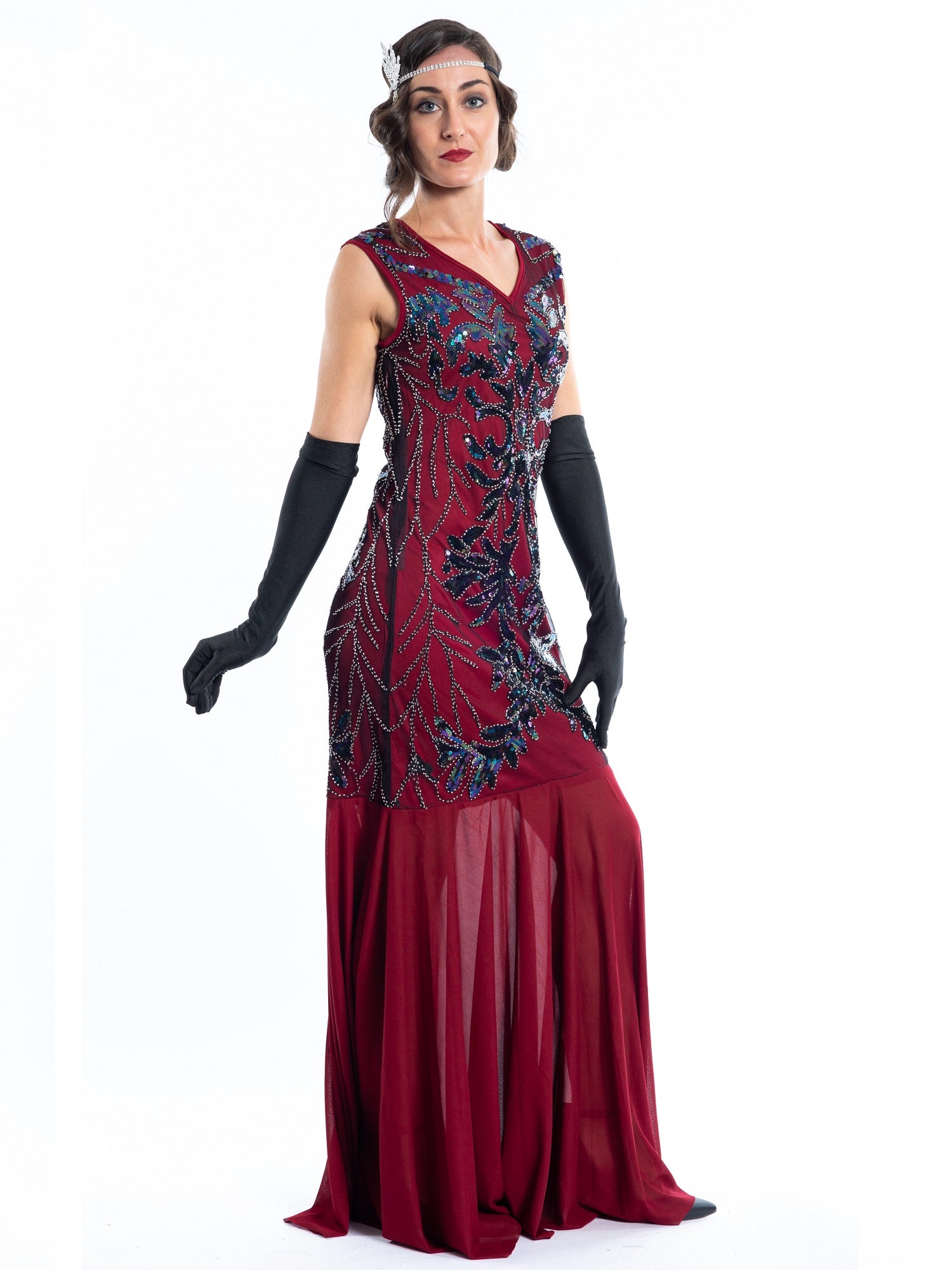 A long red great gatsby dress with sequins and beads