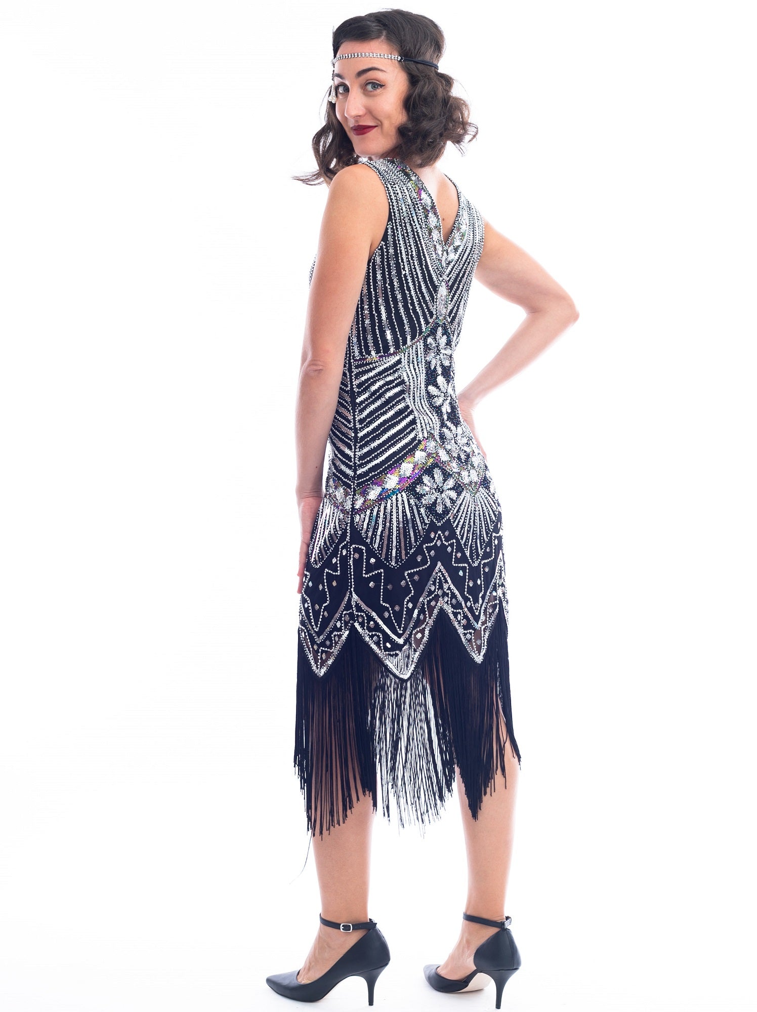 1920s Vintage Black Silver Beaded Ella Flapper Dress