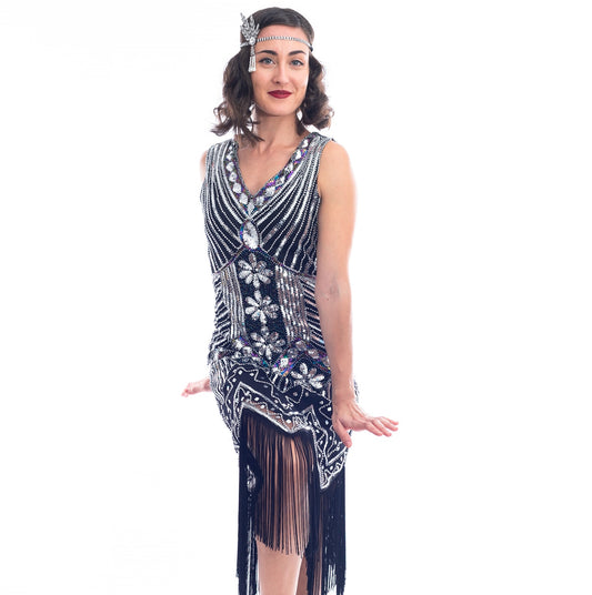 1920s Vintage Black Silver Beaded Ella Flapper Dress