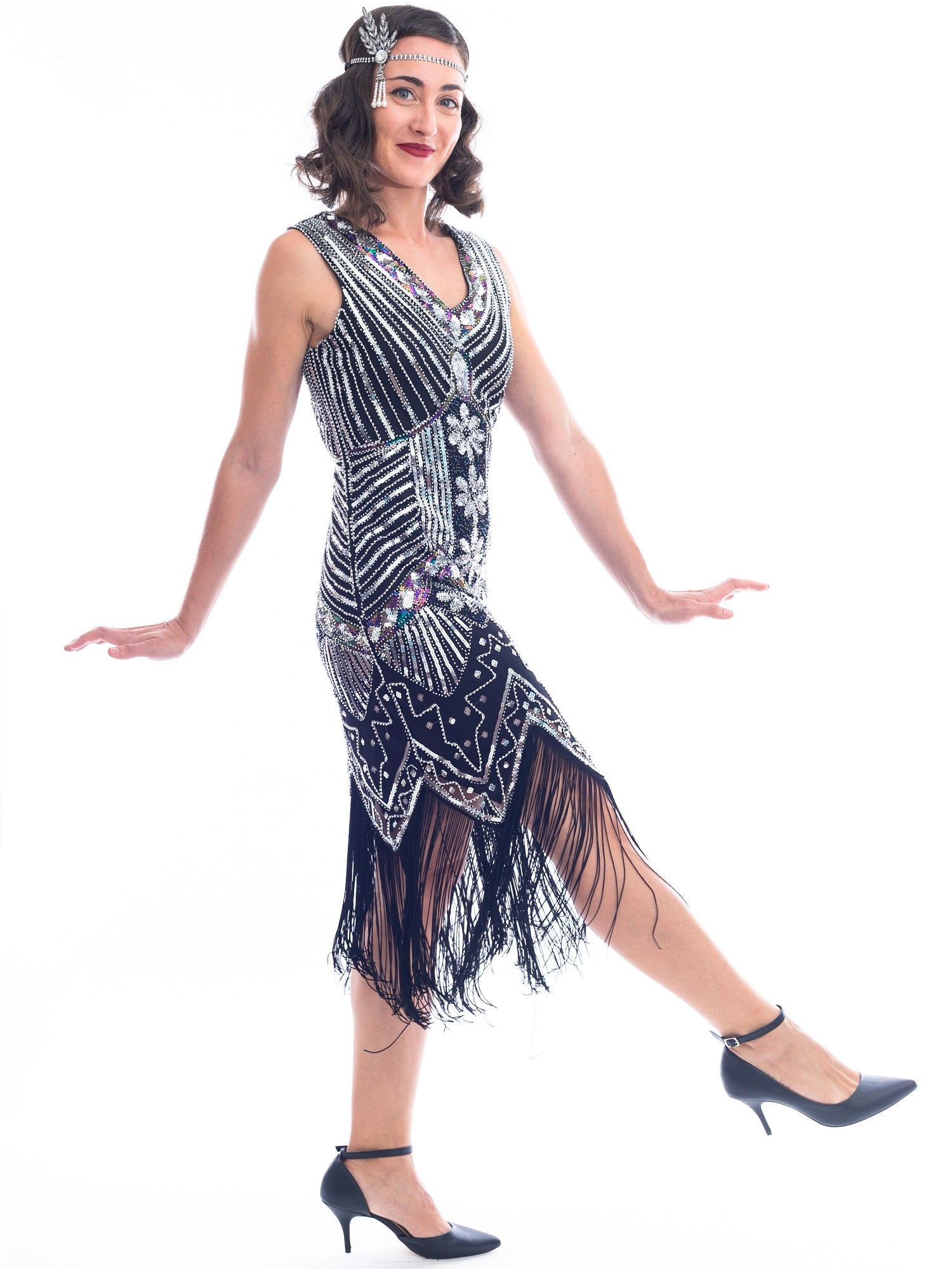 1920s Vintage Black Silver Beaded Ella Flapper Dress
