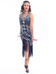 1920s Vintage Black Silver Beaded Ella Flapper Dress