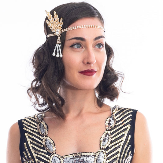 Gold Rhinestone & Pearl Gatsby Headpiece