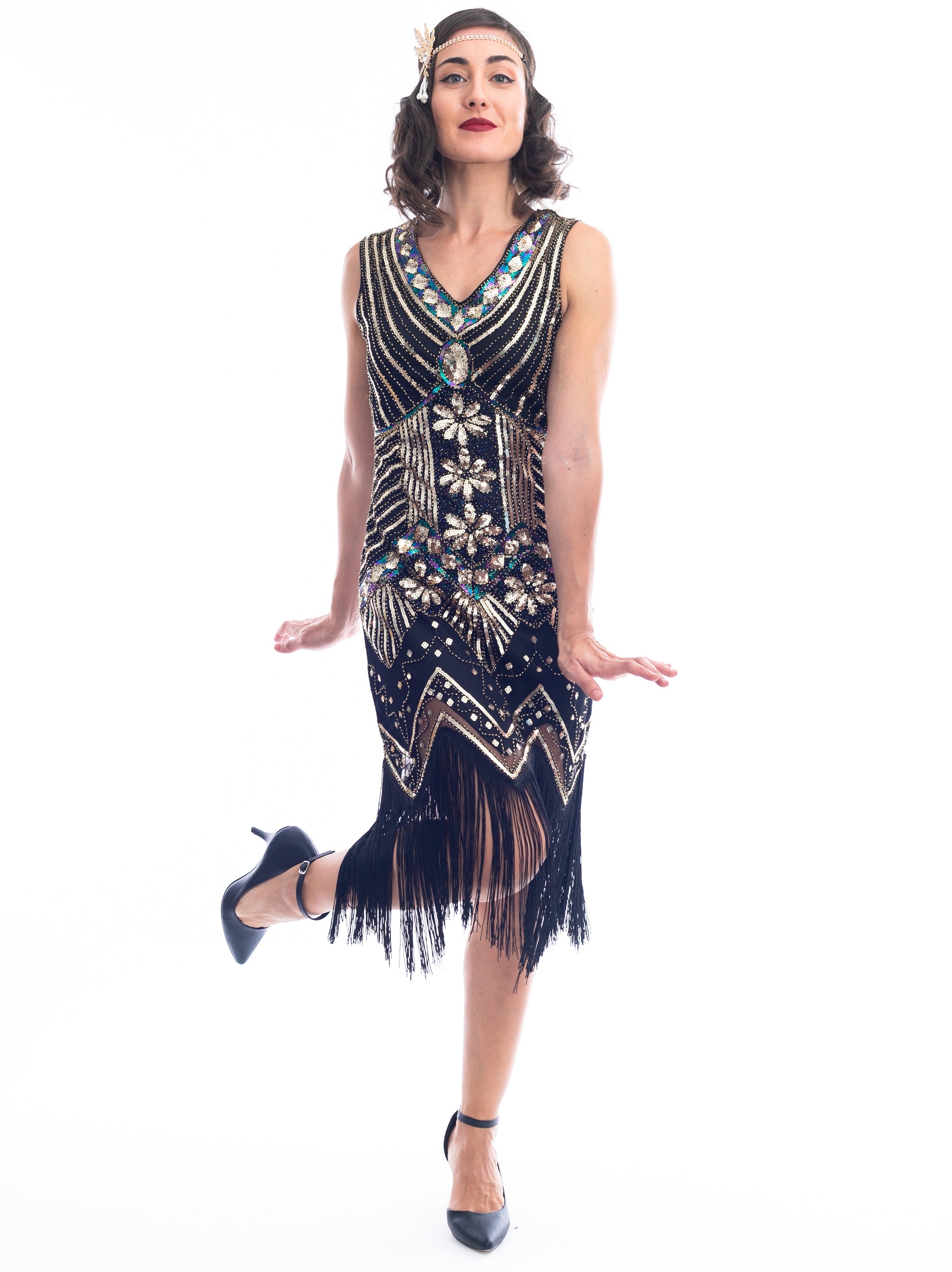 Plus Size Black & Gold Beaded Ella Flapper Dress