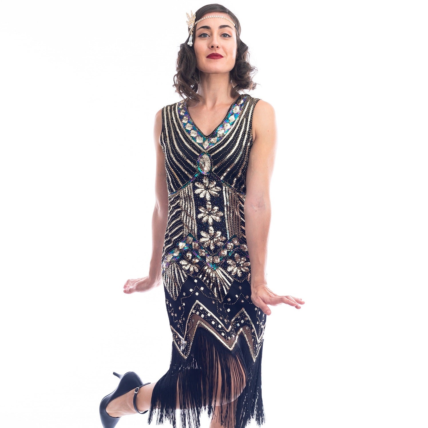 Plus Size Black & Gold Beaded Ella Flapper Dress
