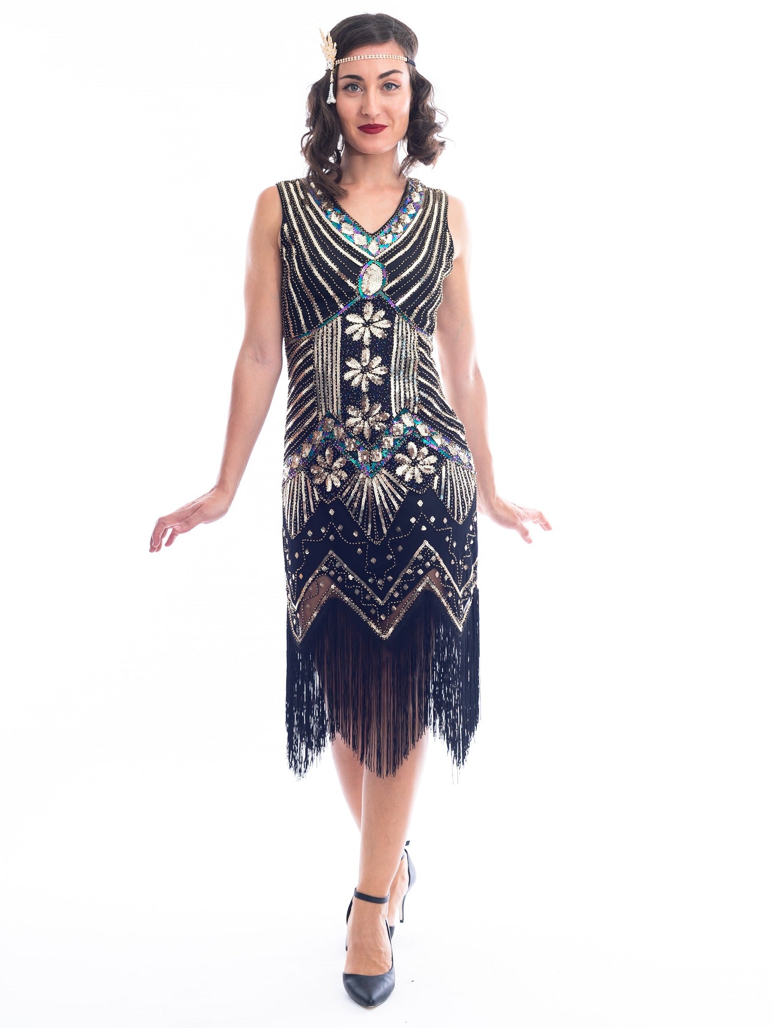 Plus Size Black & Gold Beaded Ella Flapper Dress