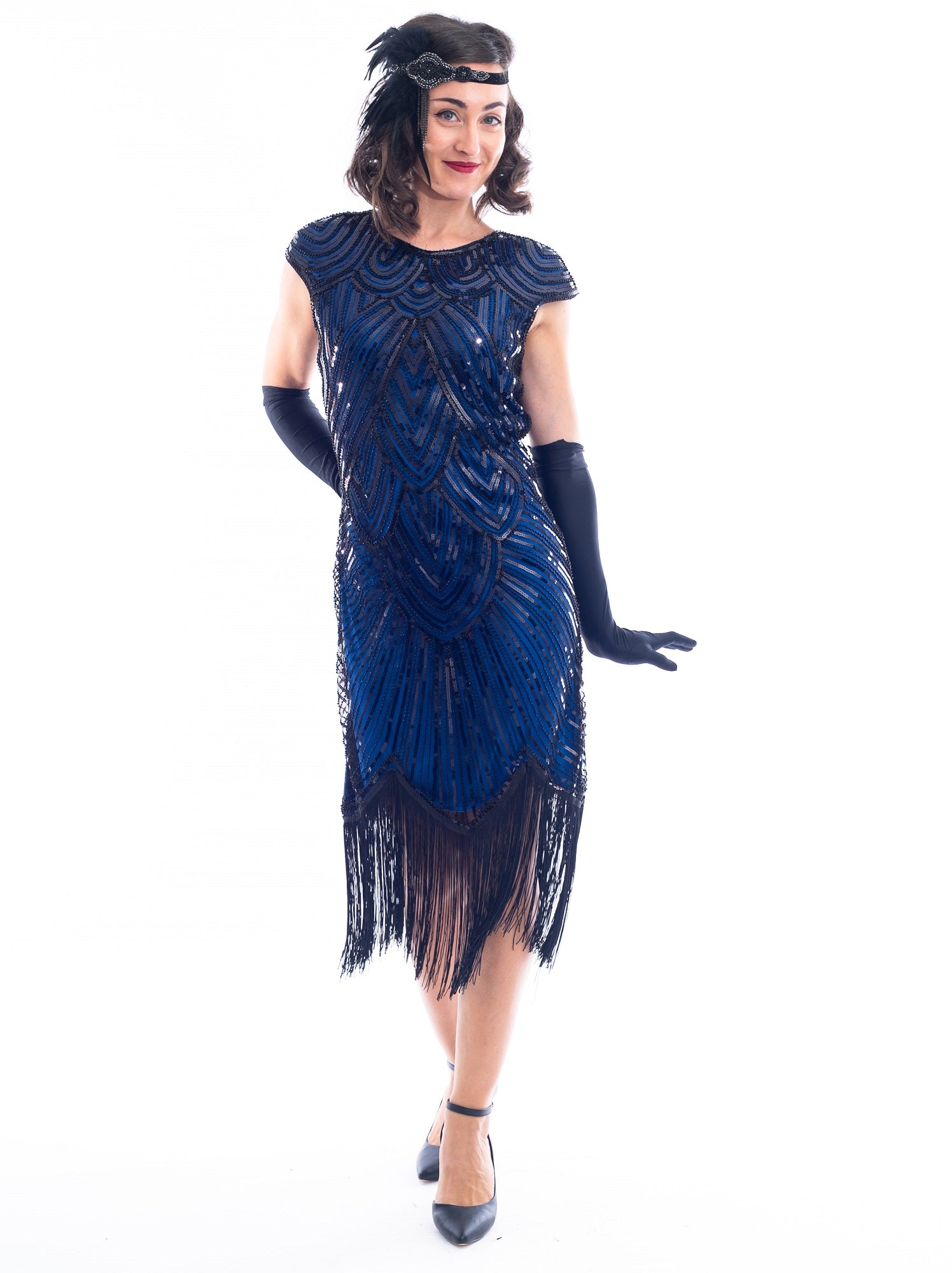 Plus Size Blue & Black Beaded Mable Flapper Dress