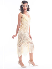Plus Size Cream & Gold Beaded Stella Flapper Dress