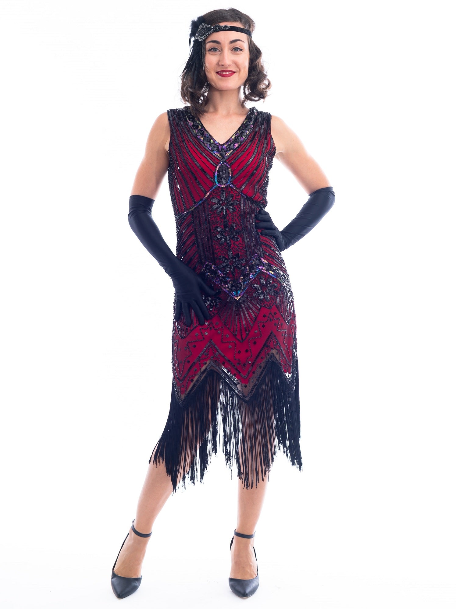 Plus Size Red & Black Beaded Ella Flapper Dress