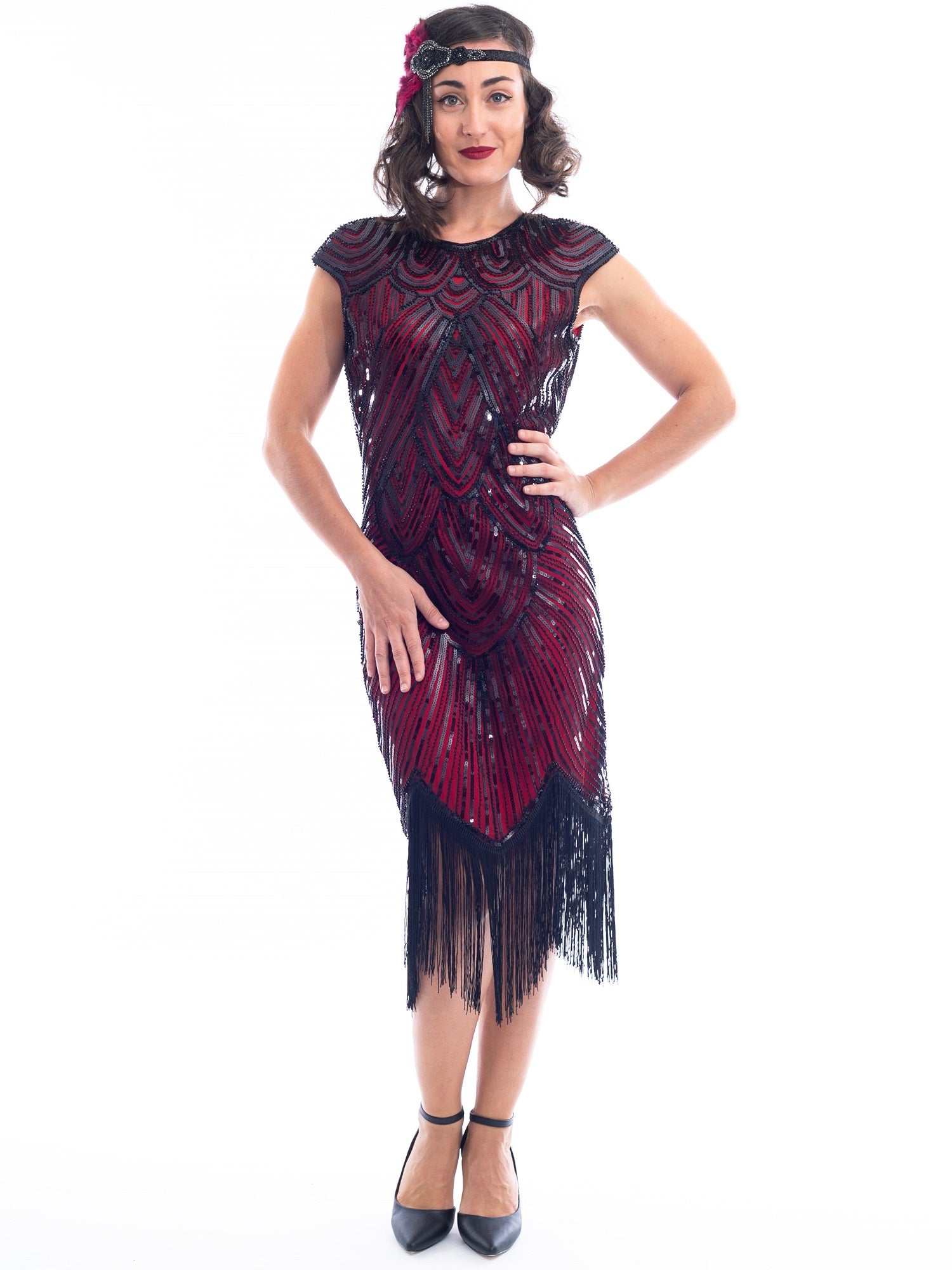 Plus Size Red & Black Beaded Mable Flapper Dress