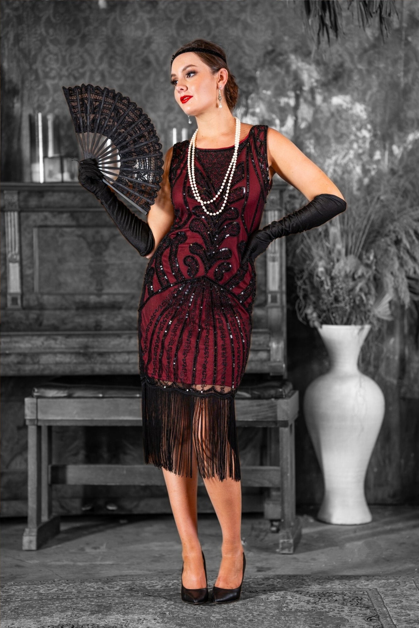 Allegra 1920s Flapper Dress - Wine Red