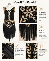 Black sleeveless beaded dress with gold beadwork and long fringe, shown on a mannequin with feature callout panels explaining the luxurious beadwork, delicate fringe, soft lining, and side zipper.