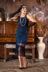 Allegra 1920s Flapper Dress - Navy Blue