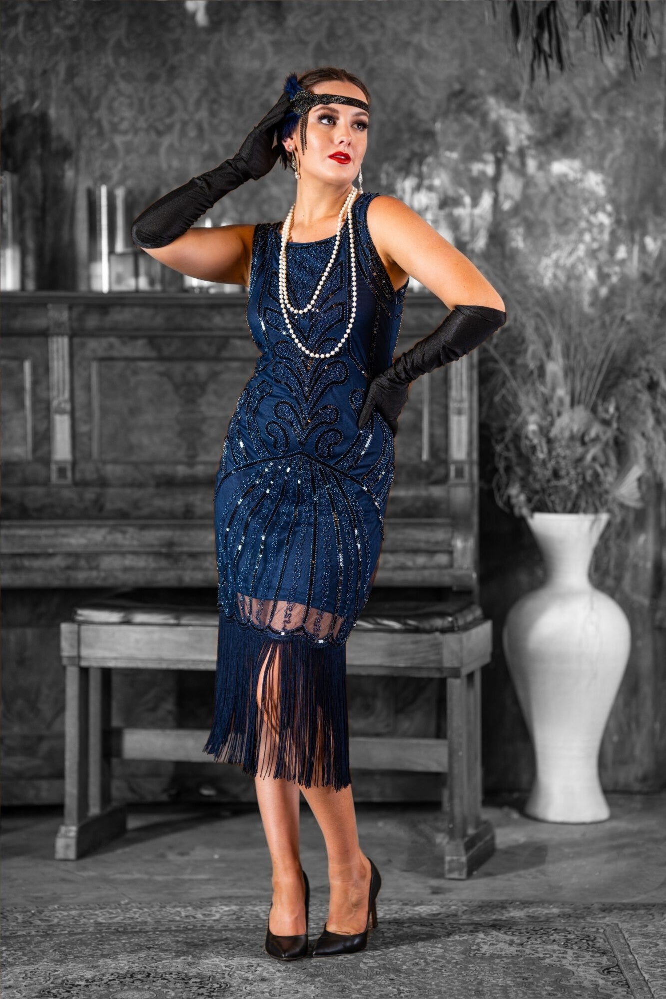 Allegra 1920s Flapper Dress - Navy Blue