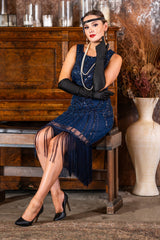 Allegra 1920s Flapper Dress - Navy Blue