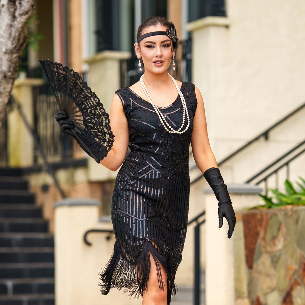 1920s Black Beaded Sequin Stella Flapper Dress